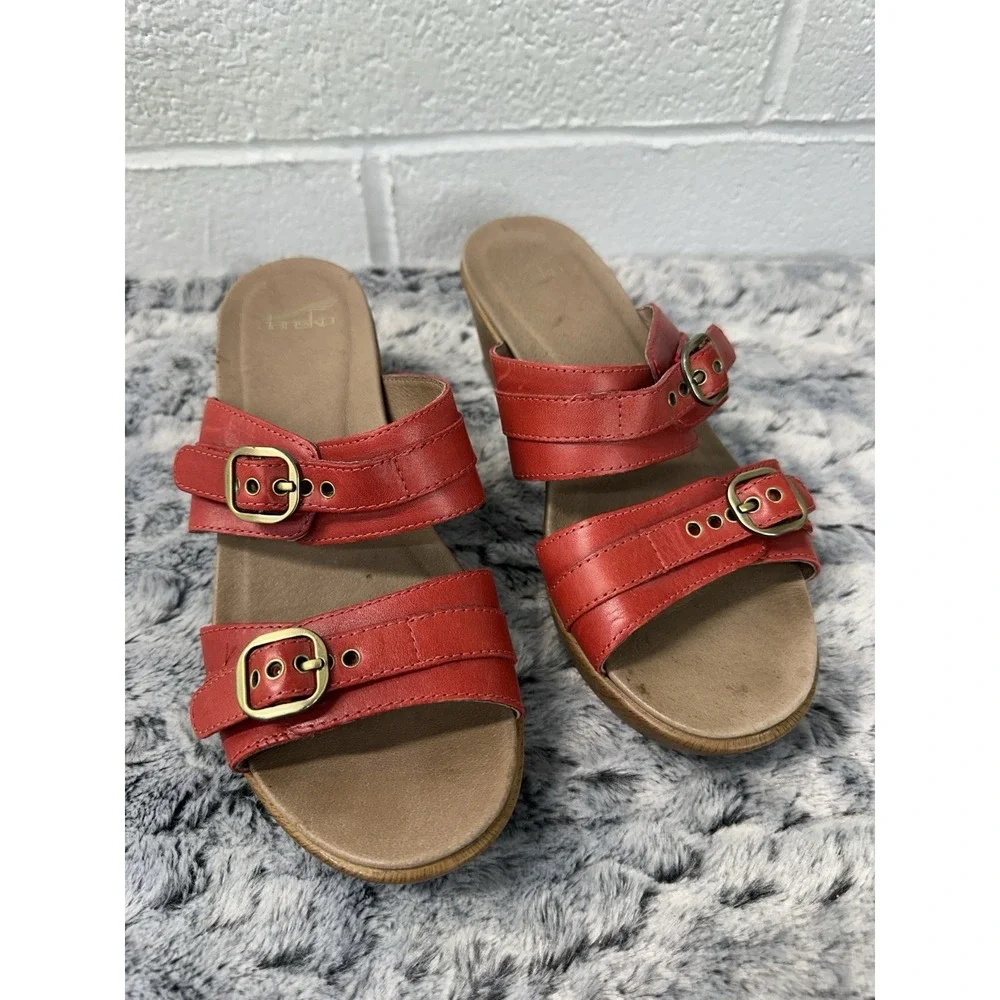 Dansko Jessie Red Leather Double Adj Strap Slide Sandals Size EU 39 US 8-8.5